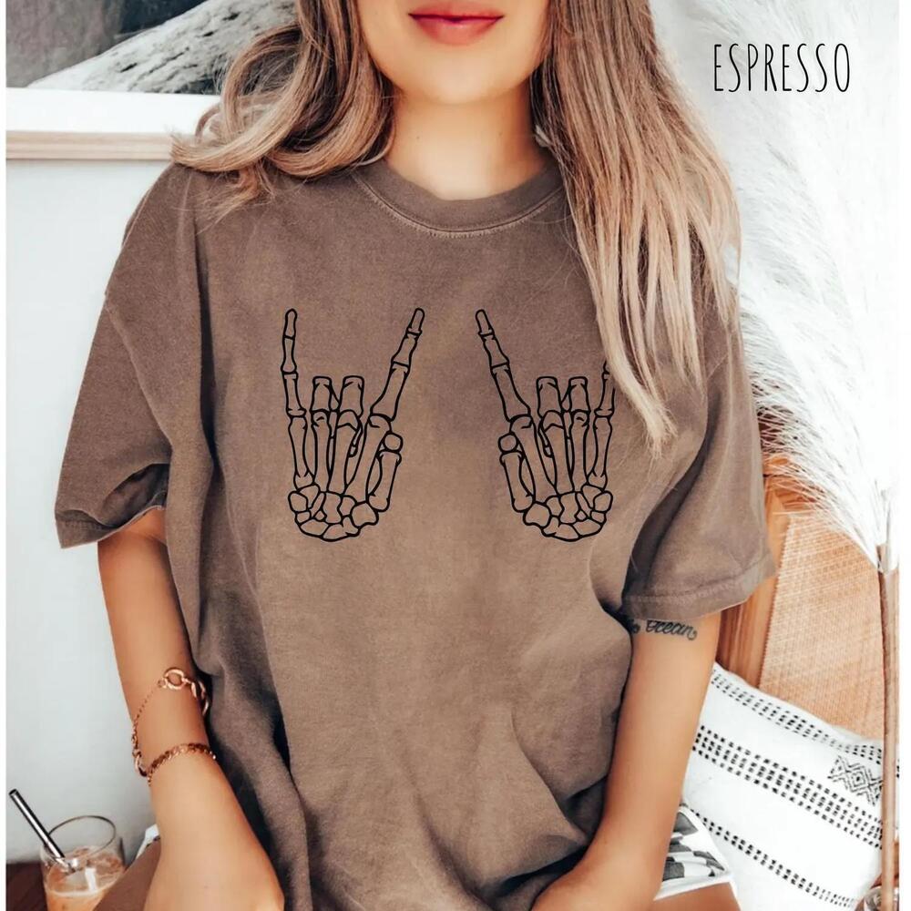 S Skeleton Hand Shirt, Rock On Halloween Tee, Skull Hands Shirt